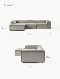 Modulares Ecksofa Lennon aus Cord, Bezug: Cord (92 % Polyester, 8 %, Gestell: Massives Kiefernholz, Spe, Füße: Kunststoff Dieses Produkt, Cord Grau, B 327 x T 180 cm, Eckteil links