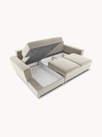 Fluwelen hoekbank Moghan (3-zits) met slaapfunctie en opbergruimte, Bekleding: 100% polyester fluweel He, Frame: massief grenenhout, spaan, Fluweel lichtbeige, B 241 x D 145 cm, hoekdeel rechts