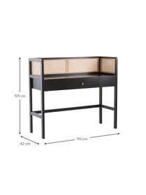 Bureau avec cannage Kimpton, Noir, larg. 116 x prof. 42 cm