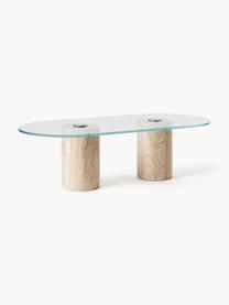 Table basse ovale Jonah, Transparent, beige, travertin, larg. 110 x prof. 50 cm