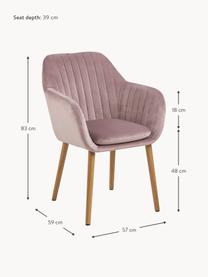 Silla de terciopelo con reposabrazos Emilia, Tapizado: terciopelo de poliéster A, Patas: madera de roble aceitado, Terciopelo rosa palo, madera de roble, An 57 x F 59 cm