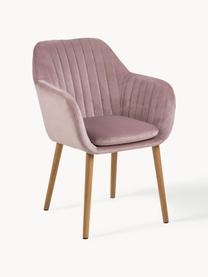 Silla de terciopelo con reposabrazos y con patas de madera Emilia, Tapizado: terciopelo (100% poliéste, Patas: madera de roble aceitada, Terciopelo rosa palo, madera de roble, An 57 x F 59 cm