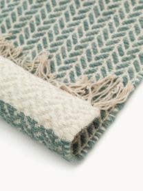 Tapis d'entrée en laine à franges tissé main Kim, 80 % laine, 20 % coton

Les tapis en laine peuvent perdre des fibres lors des premières semaines et des peluches peuvent se former, ce phénomène est naturel et diminue à mesure de votre usage et du temps, Vert sauge, beige clair, larg. 70 x long. 200 cm