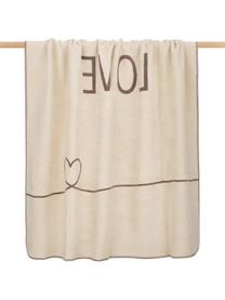 Zachte fleece plaid Love met opschrift en motief, 58% katoen, 32% polyacryl, 10% polyester, Taupe, beige, 150 x 200 cm