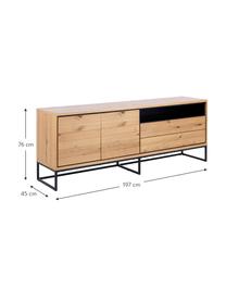 Sideboard Dalarna mit Türen und Eichenholzfurnier, Korpus: Mitteldichte Holzfaserpla, Füße: Metall, pulverbeschichtet, Holz, Schwarz, B 197 x H 76 cm