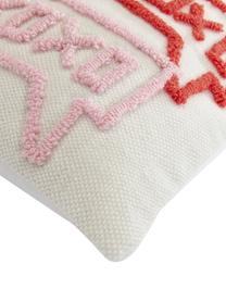 Designer Kissenhülle Xoxo mit getufteten Verzierungen, Vorderseite: 80 % Wolle, 20 % Baumwoll, Rückseite: 100 % Baumwolle, Cremeweiß, Rosa, Rot, Orange, B 45 x L 45 cm