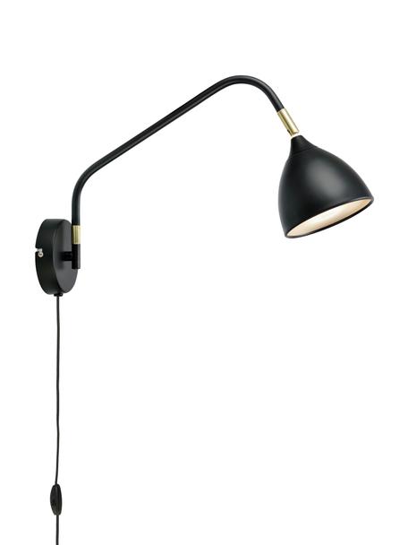 Grote verstelbare wandlamp Valencia met stekker in zwart, Lampenkap: gecoat metaal, Diffuser: kunststof, Decoratie: vermessingd metaal, Zwart, D 40 x H 28 cm