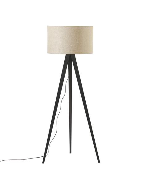 Lámpara de pie trípode escandinava de madera maciza Jake, Pantalla: lino, Cable: plástico, Crema, negro, Ø 60 x Al 150 cm