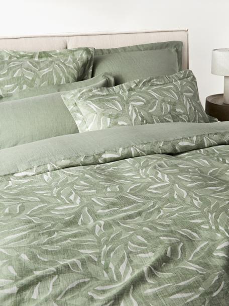 Housse de couette jacquard en coton et lin Amita, Vert sauge, larg. 200 x long. 200 cm