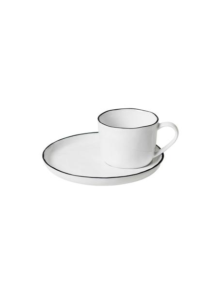 Ručně vyrobený porcelánový šálek na espresso s podšálkem Salt, Porcelán, Tlumeně bílá, s černým okrajem, Ø 6 x V 5 cm, 90 ml