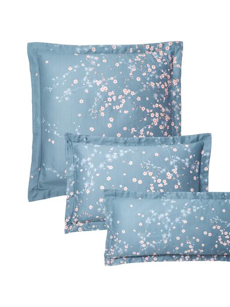 Funda de almohada de satén estampada Sakura, Azul, rosa, blanco, An 45 x L 110 cm