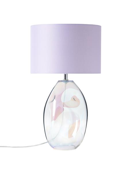Grote tafellamp Leia met een iriserende glazen voet, Lampenkap: textiel, Lampvoet: glas, Lila, transparant, iriserend, Ø 30 x H 53 cm
