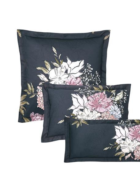 Baumwollsatin-Kopfkissenbezug Margot mit Blumen-Print, Webart: Satin Fadendichte 210 TC,, Dunkelblau, Beige, B 40 x L 80 cm