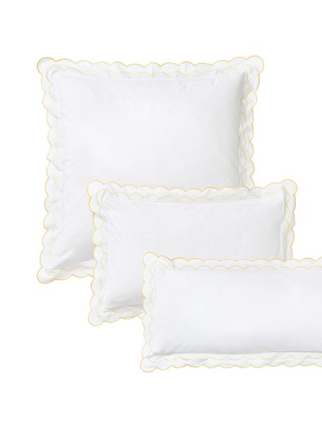 Baumwoll-Kopfkissenbezug Atina mit Rüschen und besticktem Saum, 100 % Baumwolle
Fadendichte 200 TC, Comfort Qualität
Bettwäsche aus Baumwolle fühlt sich auf der Haut angenehm weich an, nimmt Feuchtigkeit gut auf und eignet sich für Allergiker., Gelb, Weiss, B 40 x L 80 cm