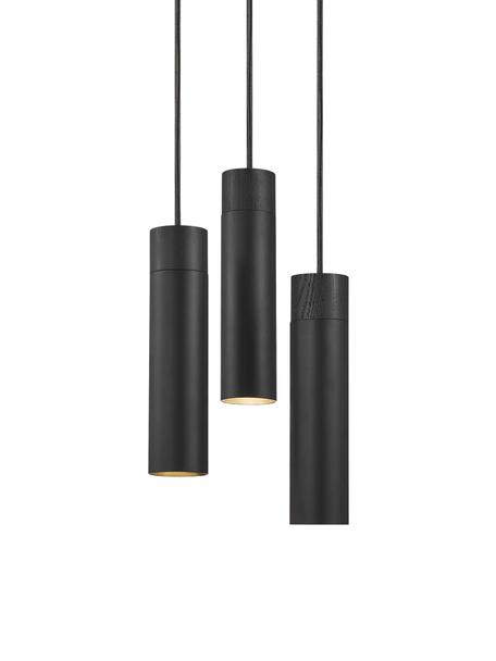 Kleine cluster hanglamp Tilo, Lampenkap: gecoat metaal, Decoratie: hout, Baldakijn: gecoat metaal, Zwart, Ø 22 x H 25 cm
