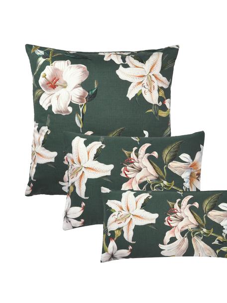 Funda de almohada de satén Flori, Verde oscuro, beige, An 45 x L 110 cm