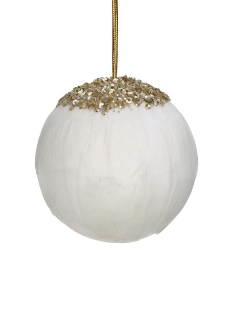 Kerstboomhanger Feather Ball, 2 stuks, Veren, Wit, goudkleurig, Ø 8 cm