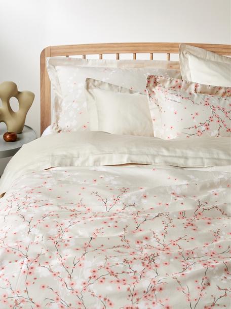 Copripiumino in raso di cotone con stampa floreale Sakura, Beige, rosa, bianco, Larg. 260 x Lung. 240 cm