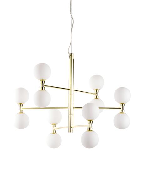 Lampada a sospensione grande con sfere in vetro Grover, Baldacchino: metallo, Paralume: vetro opale, Dorato, Ø 70 x Alt. 56 cm