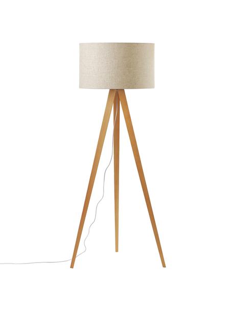 Lámpara de pie trípode escandinava de madera maciza Jake, Pantalla: lino, Cable: plástico, Crema, beige, Ø 60 x Al 150 cm