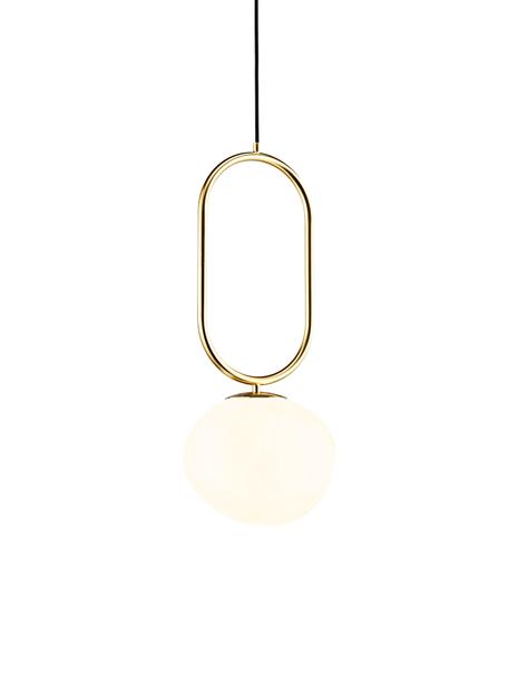 Malá závesná lampa so sklenenými guľami Shapes, Krémovobiela, mosadzné odtiene, Ø 22 x V 300 cm