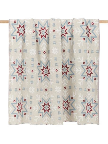 Pletený pléd Snowflake, 100% bavlna, Béžová, tmavě červená, modrá, bílá, Š 130 cm, D 170 cm