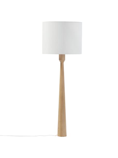 Lámpara de pie de madera de fresno Jascha, Pantalla: tejido en aspecto lino, Cable: cubierto en tela, Madera de fresno clara, blanco, Ø 50 x Al 145 cm