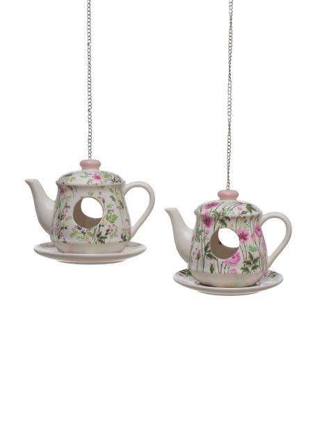 Vogelhäuschen-Set Rosalie, 2-tlg., Steingut, Weiß, Bunt, Ø 15 x H 15 cm