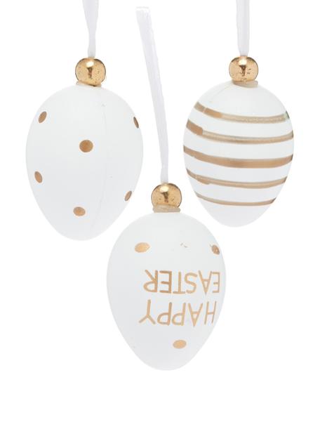 Set de adornos para colgar Happy Easter, 6 uds., Plástico, Blanco, dorado, Ø 3 x Al 4 cm