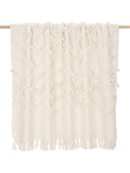 Boho Baumwolldecke Pana mit Quasten und Pompoms, 100% Baumwolle, Cremeweiß, 130 x 170 cm