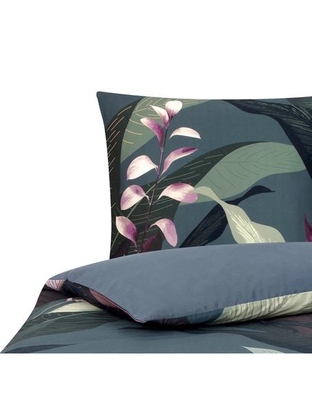 Housse de couette en satin de coton Flora, Gris foncé, motif botanique, larg. 140 x long. 200 cm