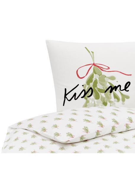 Pościel z flaneli Kiss Me od Kery Till, Biały, zielony, czarny, czerwony, 135 x 200 cm + 1 poduszka 80 x 80 cm