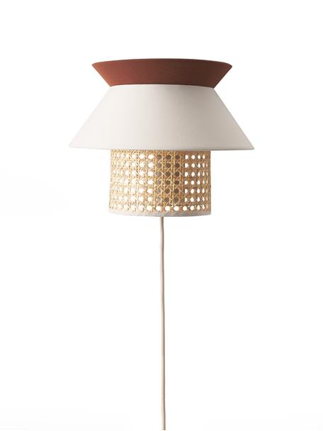 Wandlamp Klea van Weens vlechtwerk, Lampenkap: bamboe, textiel, Baldakijn: gepoedercoat metaal, Lichtbeige, bruin, B 30 x H 25 cm