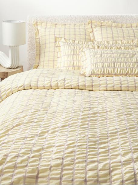 Funda nórdica de sirsaca a cuadros Leonita, Amarillo, lila, Cama 90 cm (155 x 220 cm)