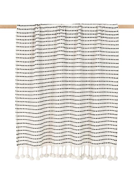 Koc z bawełny z pomponami Molly, 100% bawełna, Kremowobiały, S 130 x D 170 cm