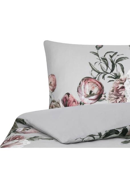 Biancheria da letto in raso di cotone Blossom, Grigio con stampa floreale, 255 x 200 cm + 2 federe 50 x 80 cm