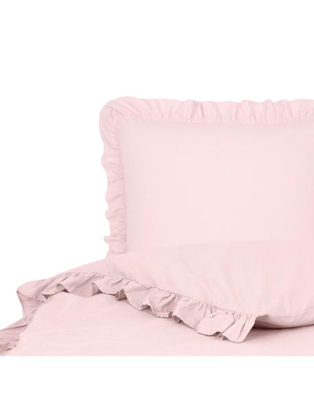 Pościel z bawełny z efektem sprania i falbankami Florence, Blady różowy, 200 x 200 cm + 2 poduszki 80 x 80 cm