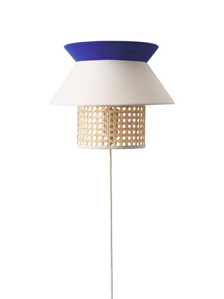 Wandlamp Klea van Weens vlechtwerk, Lampenkap: bamboe, textiel, Baldakijn: gepoedercoat metaal, Lichtbeige, donkerblauw, B 30 x H 25 cm