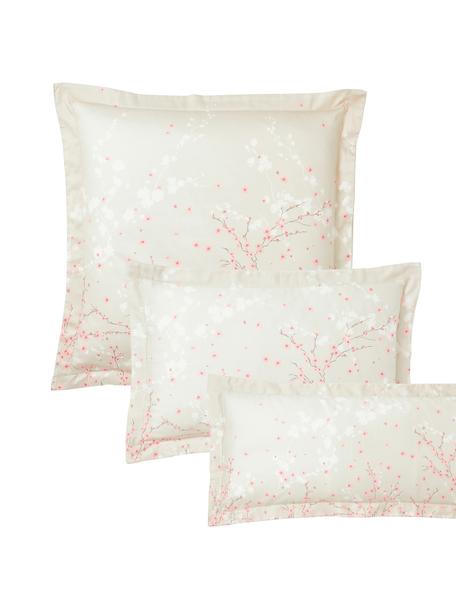 Federa in raso di cotone beige con stampa floreale Sakura, Beige, rosa, bianco, Larg. 50 x Lung. 80 cm