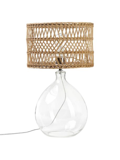 Grote tafellamp Zoya met glazen voet en rotan kap, Lampenkap: rotan, Lampvoet: glas, Transparant, bruin, Ø 30 x H 51 cm