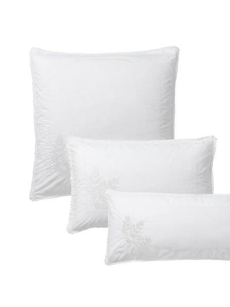 Housse de coussin en percale de coton broderies et bordure décorative Juliette, Blanc, larg. 50 x long. 70 cm