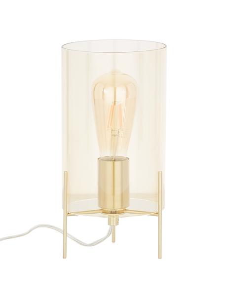 Kleine tafellamp Laurel van gekleurd glas, Lampenkap: glas, Lampvoet: geborsteld metaal, Amberkleurig, messingkleurig, Ø 14 x H 28 cm