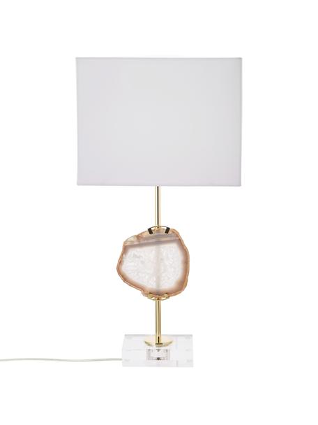 Grande lampe à poser design Treasure, Transparent, couleur dorée, agate beige Abat-jour : blanc