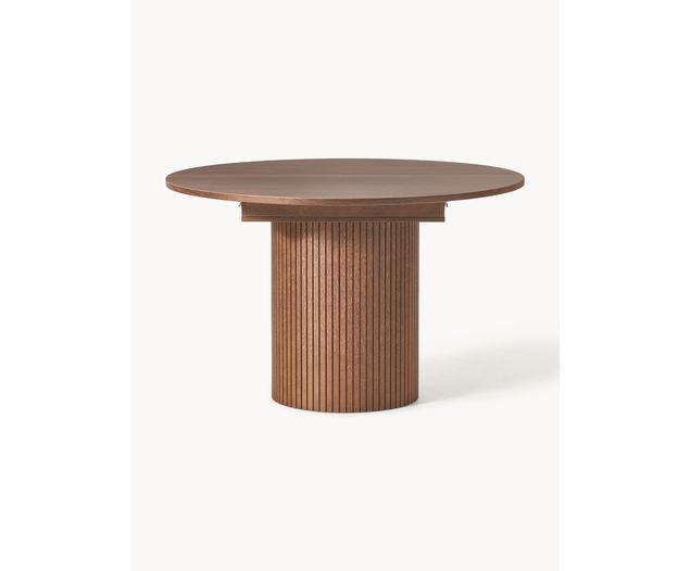 Extendable dining table Filo with grooved structure, 120 - 160 x 75 cm, table top: pinewood, beech wood, , legs: chipboard, medium density, oak wood, dark brown lacquered, w 120/160 x d 120 cm