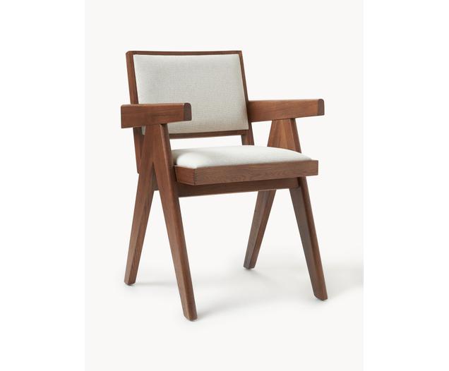 Armchair Sissi with upholstery, cover: 100% polyester The cover, frame: oak, seat: eucalyptus plywood Di, woven fabric cream white, dark oak, W 58 x D 52 cm