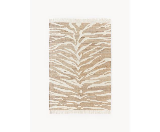 Kurzflor-Teppich Ari mit Fransen und Zebra-Muster, 55 % Jute, 25 % Baumwolle, 20 % Indian Wolle, Beige, Cremeweiss, B 160 x L 230 cm (Grösse M)