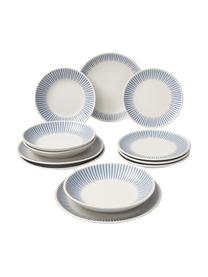 Set stoviglie a righe Zabelle, 4 persone (12 pz), Gres, Bianco crema, blu, 4 persone (12 pz)