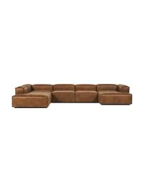 Sofa modułowa ze skóry z recyklingu Lennon, Tapicerka: skóra z recyklingu (70% s, Stelaż: lite drewno, sklejka, Nogi: tworzywo sztuczne, Brązowa skóra, S 418 x W 68 cm, lewostronna