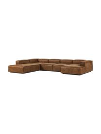 Canapé lounge modulable cuir recyclé Lennon, Cuir brun, larg. 418 x prof. 68 cm, méridienne à gauche