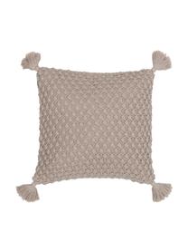 Strick-Kissenhülle Miri in Beige mit Quasten, 100% gekämmte Baumwolle, Beige, 50 x 50 cm